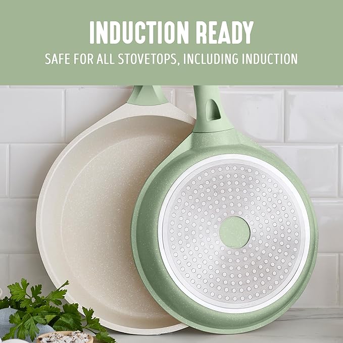 GreenLife 8 Piece Ceramic Nonstick Cookware Set, Induction Suitable Non Toxic PFAS-Free Pots & Pans, Dishwasher Safe, Cooking Set, Stock Pot, Saucepans & Frying Pans, Kitchen Cooking, Sage Green