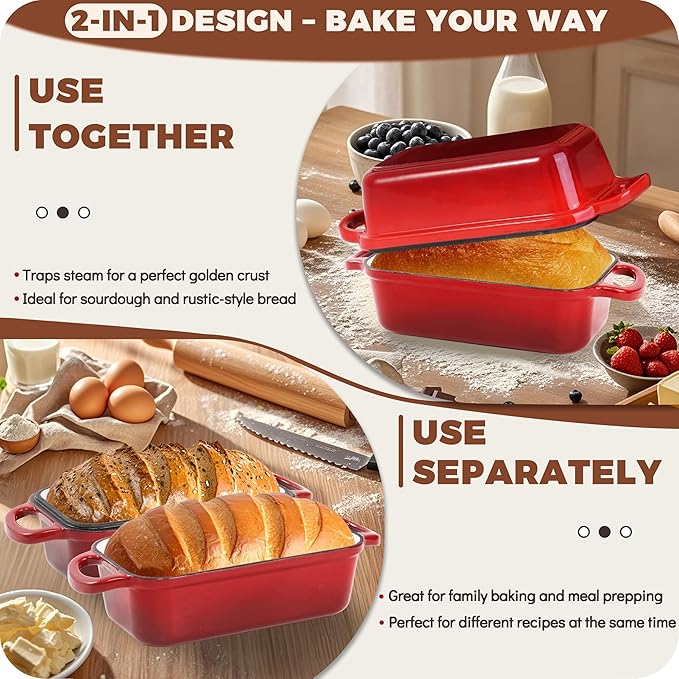 Cast Iron Bread Loaf Pan with Lid, 2 In 1 Loaf Pans for Baking Bread 9x5, Enameled Bread Pans for Homemade Bread, Sourdough, Even Heating Bread DutchOven, Red