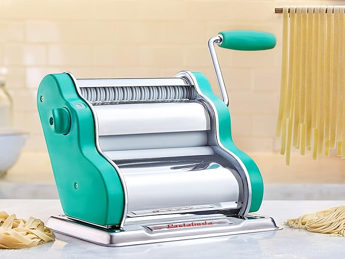 PASTALINDAClassic 200 Pasta Maker Machine, 20 cm Wide Rollers, 9 Thickness Positions, 2 Cutting Positions, Stainless Steel. Includes Reinforced Hand Crank And Two Clamps (Green)