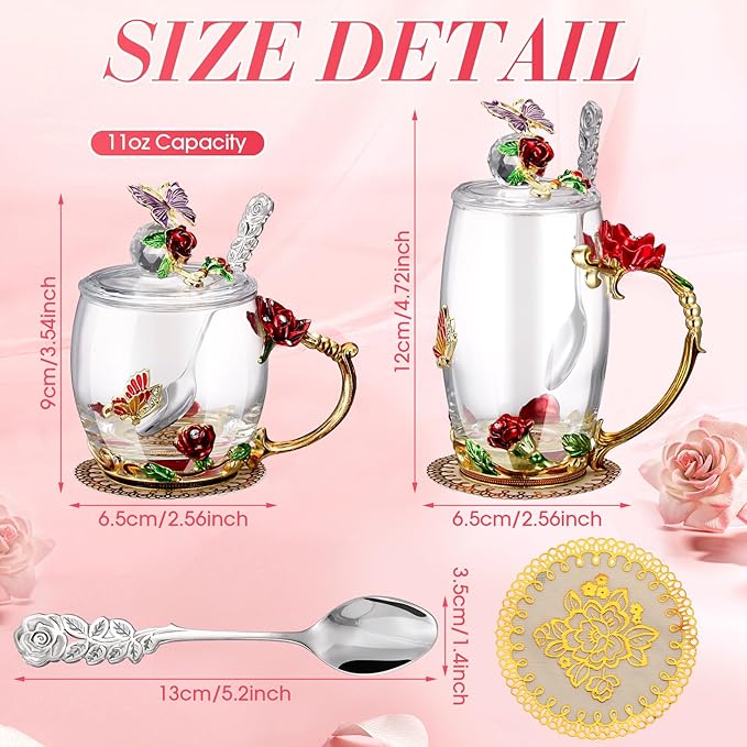 Nuanchu 4 Sets Flower Glass Tea Cups with Lids and Spoon Butterfly Vintage Glass Coffee Mugs Floral Fancy Clear Teacup for Christmas Women Mom Wife Girlfriend(Red,11 Oz,12 oz)