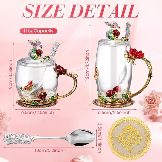 Nuanchu 4 Sets Flower Glass Tea Cups with Lids and Spoon Butterfly Vintage Glass Coffee Mugs Floral Fancy Clear Teacup for Christmas Women Mom Wife Girlfriend(Red,11 Oz,12 oz)