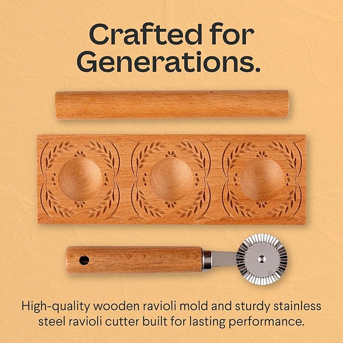 Cooking Gift Set Co. Artisanal Ravioli Maker Press, Wooden Ravioli Mold & Pasta Maker, Ravioli Press, Pasta Cutter Wheel, Ravioli Maker Tool, Guide Pasta Making Tools Set for Homemade Pasta (3 Piece)