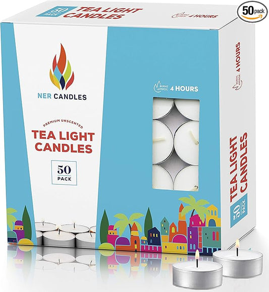 Unscented Tea Lights Candles White, Smokeless, Dripless & Long Lasting Paraffin Small Votive Mini Tealight Candle for Home, Pool, Shabbat, Weddings & Emergencies (50-Pack)
