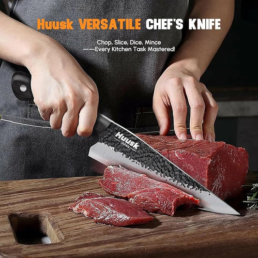 Huusk Chef Knife Japanese Kitchen - Hand Forged Viking Knife for Meat Cutting - Ideal Kitchen Knife Made From a Single Piece of High Carbon Steel - Full Tang Wooden Handle - Birthday Gift for Men
