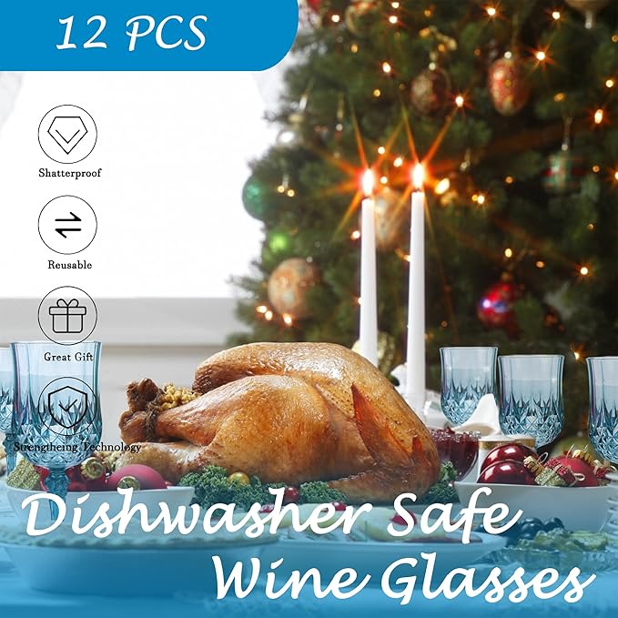 Plastic Wine Glasses,Plastic Goblets Vintage Style Cordial Drinking Glasses for Wedding Reception, Grand Event Party Supplies (12, Dusty Blue)