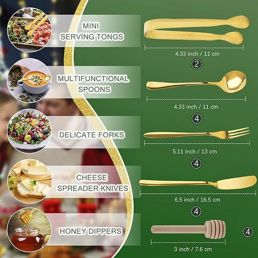 Charcuterie Board Accessories, 18 Pcs Gold Stainless Steel Spreader Knives Set Include Mini Serving Tongs, Cheese Butter Knives, Spoons, Forks, Honey Dippers