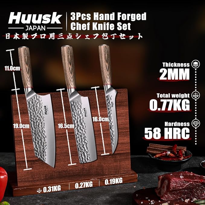 Huusk Kitchen Knife Set 3pcs - Japanese Nakiri Vegetable Knife, Meat Cleaver Boning Knife for Meat Cutting, Hand Forged Butcher Chef Knives Set for Kitchen Home Cooking, Father's Day Gifts for Men