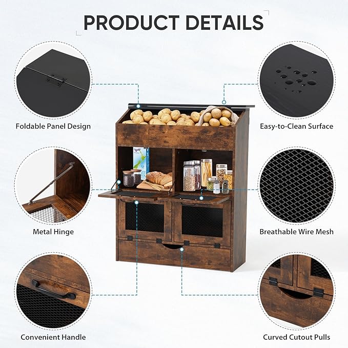 Verano Garden Large Potato Storage Bin, Wooden Bread Box with Lid, Potato and Onion Storage Bin with 4 Mesh Doors & Removable Drawer, Fruit and Vegetable Storage Rack for Kitchen (Rustic Brown, 31.5")