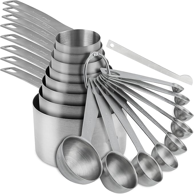 Measuring Cups and Spoons Set, 18/8 Stainless Steel Measuring Cups and Spoons Set with Leveler for Kitchen & Baking, Metric & US Measure Tools with 2/3 & 3/4 Cups