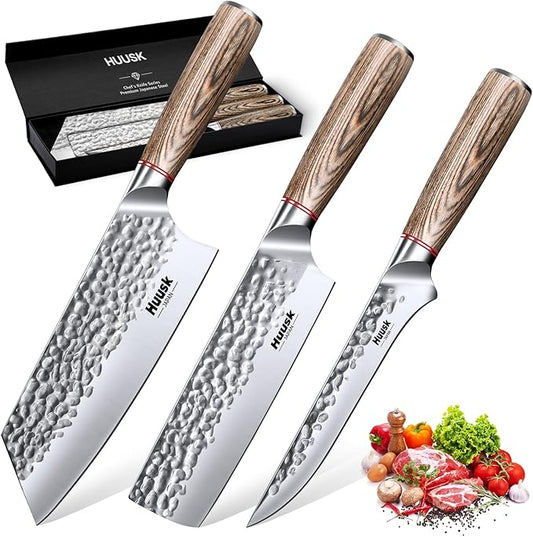 Huusk Kitchen Knife Set 3pcs - Japanese Nakiri Vegetable Knife, Meat Cleaver Boning Knife for Meat Cutting, Hand Forged Butcher Chef Knives Set for Kitchen Home Cooking, Father's Day Gifts for Men
