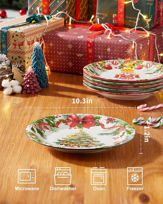 Christmas Dinner Plates, 10 Inch Ceramic Serving Plate Set for Pasta, Steak, Salads, Dishwasher and Microwave Safe, Christmas Dinnerware Set of 6