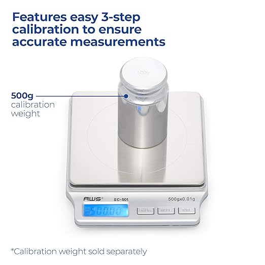 American Weigh Scales SC Series Precision Digital Kitchen Weight Scale, Food Measuring Scale, 2kg x 0.1g (Silver), AMW-SC-2KG (500g x 0.01g)
