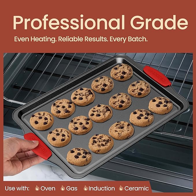 6-Piece Nonstick Gray Marble Coated Bakeware Set - Professional Quality Carbon Steel Pans with Silicone Handles - Ideal for Oven, Refrigerator, Freezer - Dishwasher Safe