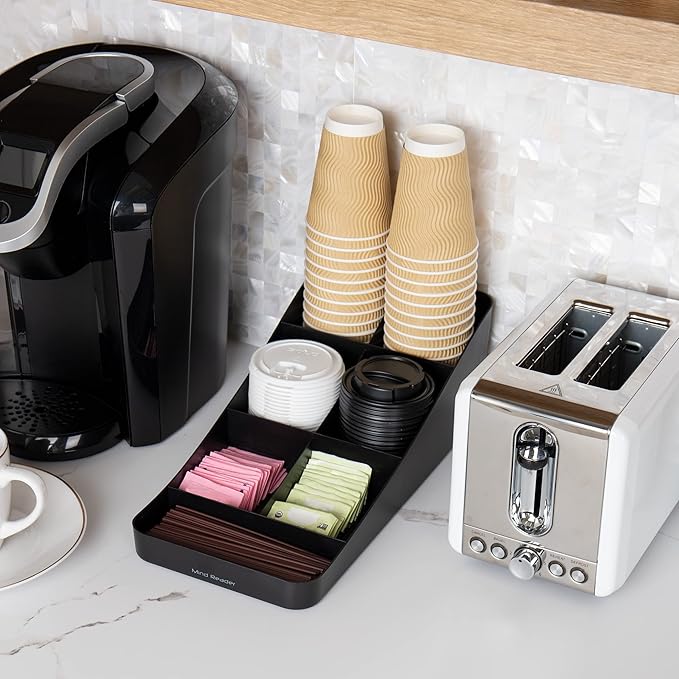 Mind Reader Cup and Condiment Station, Countertop Organizer, Coffee Bar, Kitchen, Stirrers, 7.25"L x 15.5"W x 5.25"H, Black