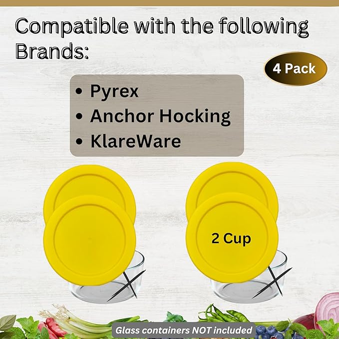 2 Cup/470 mL Yellow Replacement Lids/Covers for Pyrex 7200-PC, 2 Cup/16oz Anchor Hocking & Klare Ware Storage Bowls *Lids Only* - *Glass Container Not Included* (4 Pack, Yellow)