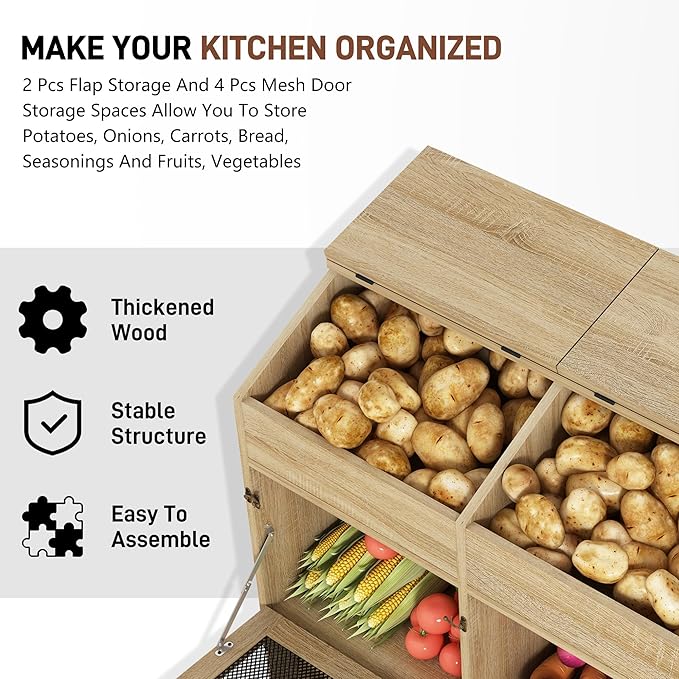 Large Wood Veggie Bin for Potato,Bread,Onion With 6 Large Storage Space. Root Vegetable Storage Box For Kitchen, Farmhouse Wood Potato Box With 4 Mesh Doors,32 * 12.4 * 36 INCH(OAK)