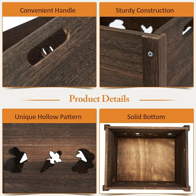 Wooden Crates 2 Pack, Hollow Rabbit Wooden Crates for Display & Storage, Farmhouse Handmade Wood Crate with Handles, Rustic Large Decorative Wood Crate Box for Display