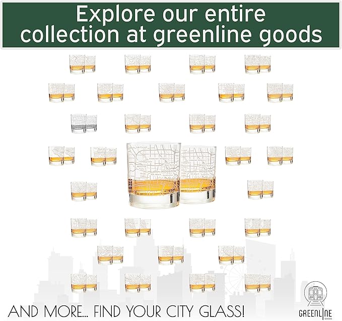 Greenline Goods Whiskey Glasses - 10 Oz Tumbler Gift Set for Houston lovers, Etched with Houston Map | Old Fashioned Rocks Glass - Set of 2