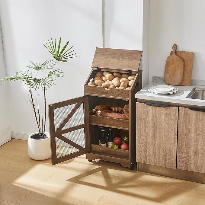 Potato and Onion Storage Bin, Wood Bread Box with Lid, Movable Fruit and Vegetable Organizer for Pantry, Kitchen