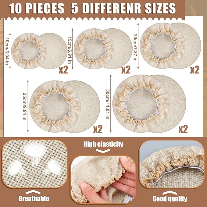 Patelai 10 Pcs Bowl Covers Reusable in 5 Size Stretch Cloth Fabric Elastic Food Storage Bowl Covers Bread Sourdough Lids for Proofing Food Fruits Leftover(Beige Style)