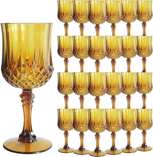 Plastic Wine Glasses,Plastic Goblets Vintage Style Cordial Drinking Glasses for Wedding Reception, Grand Event Party Supplies (24, Amber)