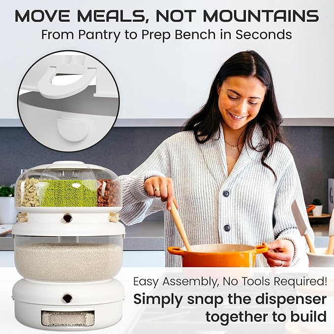 Rice & Multi-Grain Dispenser – Airtight 3-in-1 Rotating Food Storage with Strainer, Holds Up to 22 lbs (12 lb Bulk + 6 Compartments)