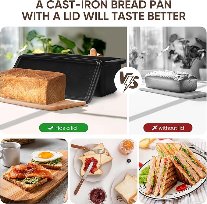 Cast Iron Bread Pan with Lid 16x5 Inch, Nonstick Popover Pan for Sourdough and Homemade Bread, Mini Loaf Pans with Lids, Pullman Loaf Pan for Sandwich Bread, Nonstick Baking Bread Pans