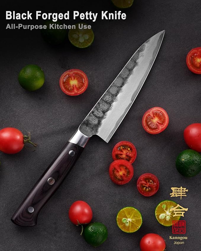 Black Forged Japanese Knives with High Carbon Stainless Steel and Full Tang Pakkawood Handle, Kitchen Knife with Premium Box (5 Inch Paring Knife)