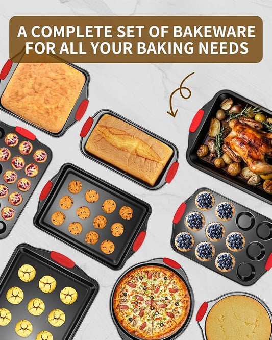 Baking Pans Set with Silicone Handles, 34 PCS Nonstick Bakeware Sets, Oven Pan Set Includes Baking Tray, Cookie Sheet, Cake Pans, Loaf Pan, Muffin Pan, Pizza Pan