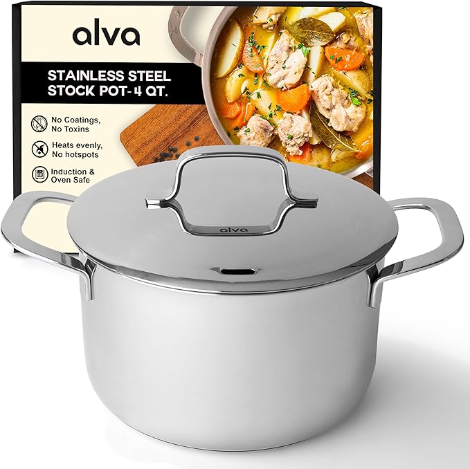 Alva Maestro Stainless Steel Stock Pot 4Qt. - Lasered Engrave Measurement, Oven Safe and Made without PFAS, PFOA & PTFE - Induction and All Stovetop Compatible with Even Heat Distribution