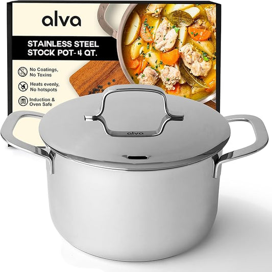Alva Maestro Stainless Steel Stock Pot 4Qt. - Lasered Engrave Measurement, Oven Safe and Made without PFAS, PFOA & PTFE - Induction and All Stovetop Compatible with Even Heat Distribution