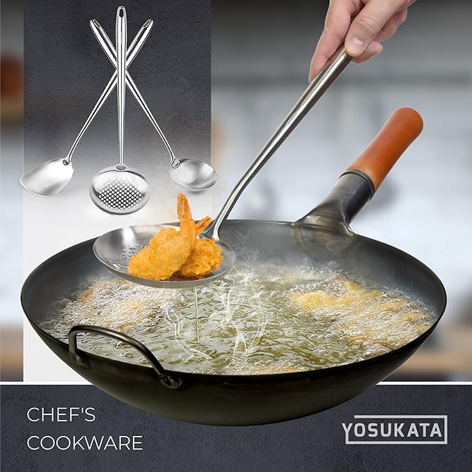 Yosukata 17" Wok Spatula and Ladle Skimmer Spoon - Stainless Steel Cooking Utensils Set of 3-304 Stainless Steel Kitchen Utensils Set - Dishwasher Safe Wok Accessories - Wok Utensils - Cooking Tools