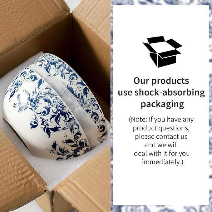 ramen bowl, salad bowl,mixing bowls,ceramic bowls, large cereal bowls, Large Soup Bowl, Pho Bowls, Fruit, Microwave Dishwasher Safe, 7 inch Blue and White 2 pack