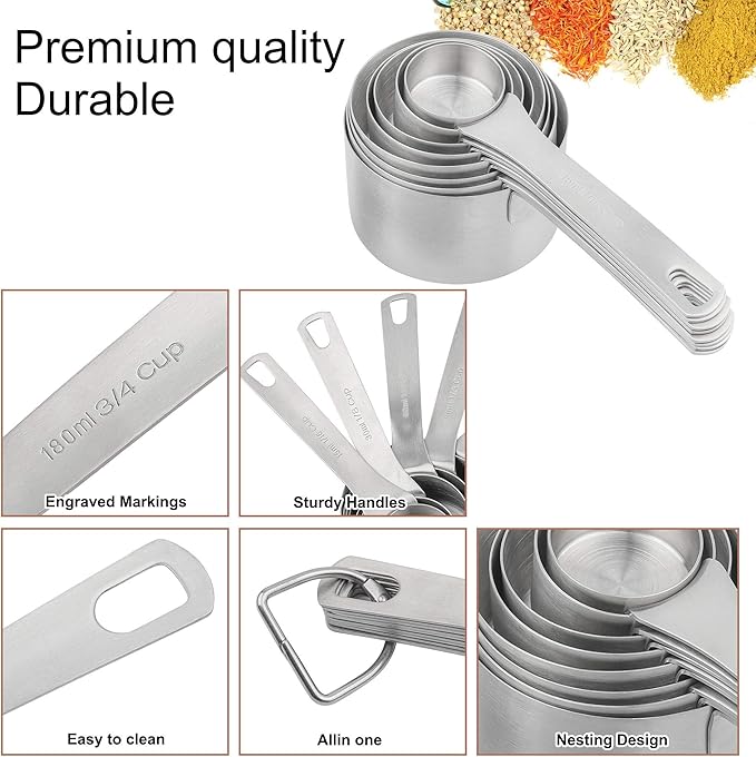 Measuring Cups Set, 18/8 Stainless Steel Measuring Cups for Dry & Liquid, Metal Measure Cups With Bonus Magnetic Conversion Chart for Kitchen & Baking