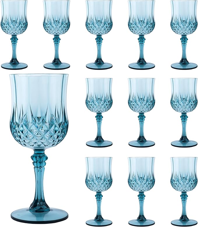 Plastic Wine Glasses,Plastic Goblets Vintage Style Cordial Drinking Glasses for Wedding Reception, Grand Event Party Supplies (12, Dusty Blue)