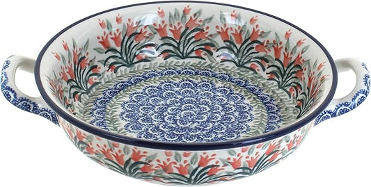 Blue Rose Polish Pottery - Orange Spring Tulip Small Round Casserole with Handles - 8.25" Diameter - Unique, Dishwasher Safe, & Durable Bakeware