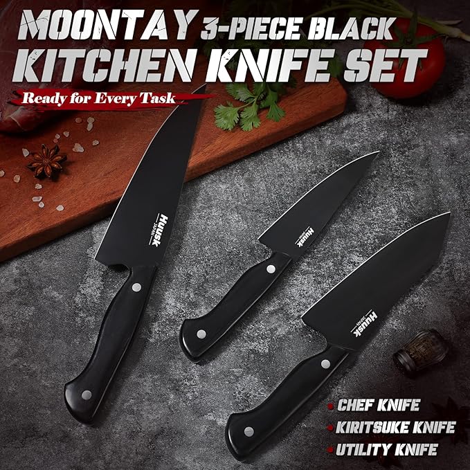 Huusk Japanese Chef Knife Set for Kitchen - 3 pcs Black Kitchen Knife Set with Titanium Coating, Stainless Cutting Knives Sets, Professional Cooking Knives for Vegetable Fruit Meat, Fathers Day Gift