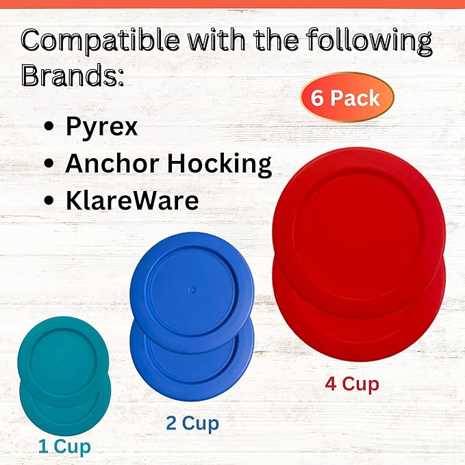 1, 2 & 4 Cup Turquoise, Blue, Red Replacement Lids/Covers for Pyrex, Anchor Hocking & KlareWare Storage Bowls *Lids Only Glass Container Not Included* (6 Pack *Two of Each Size*)