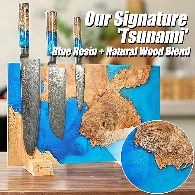 SENKEN "Tsunami" Extra Large Magnetic Knife Block - Holds Up to 16 Knives - Knife Block without Knives, Universal Knife Holder, Beautiful Blue Resin & Natural Wood Blend ("Tsunami" Blue Resin Blend)