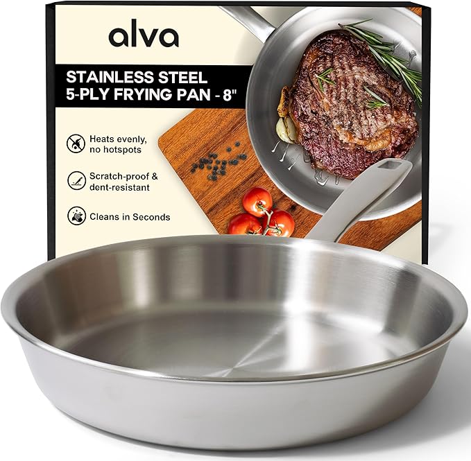 Alva Maestro 5-Ply Stainless Steel Frying Pan 8" - Oven Safe and Made without PFAS, PFOA & PTFE - Induction and All Stovetop Compatible with Even Heat Distribution