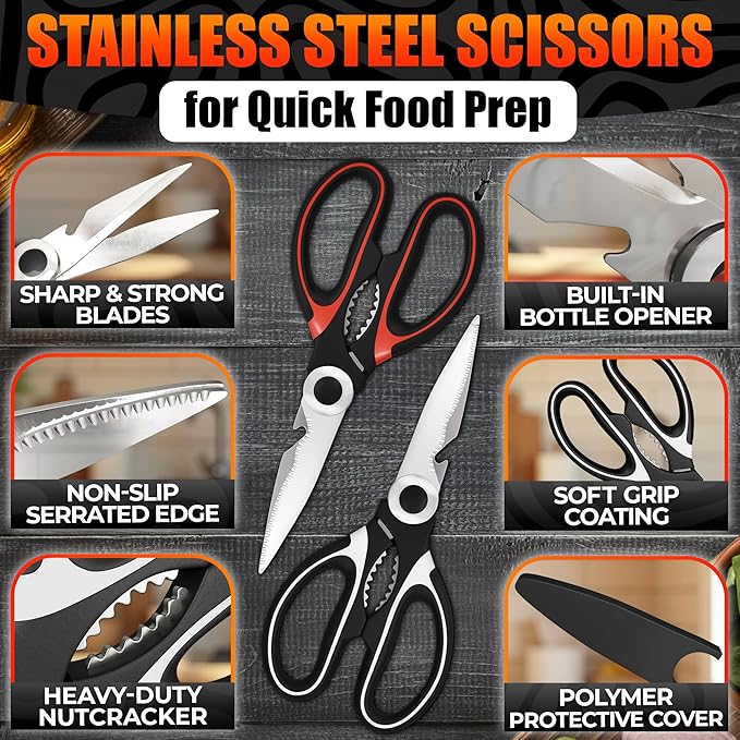 2 Pcs Cooking Scissors with Cover – Dishwasher Safe Kitchen Shears for Food Heavy Duty, Cooking Shears with 2CR13 Stainless Steel Blades – Kitchen Scissors All Purpose, Two Colors for Different Tasks