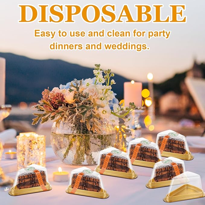 100Pcs Individual Cake Slice Containers, Pie Slice Containers Disposable, Cheesecake Container with Lid Sticker and Fork, Clear Triangle Cake Boxes for Pies Snack Dessert, Gold