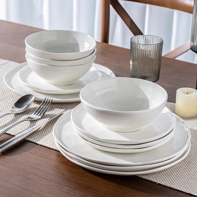 LERATIO Ceramic Dinnerware Sets for 4,Porcelain Plates and Bowls Sets with Wavy Edge,Microwave & Dishwasher & Oven Safe,Light Weight & Scratch Resistant Dishes Sets-Service for 4 (12pcs)-White