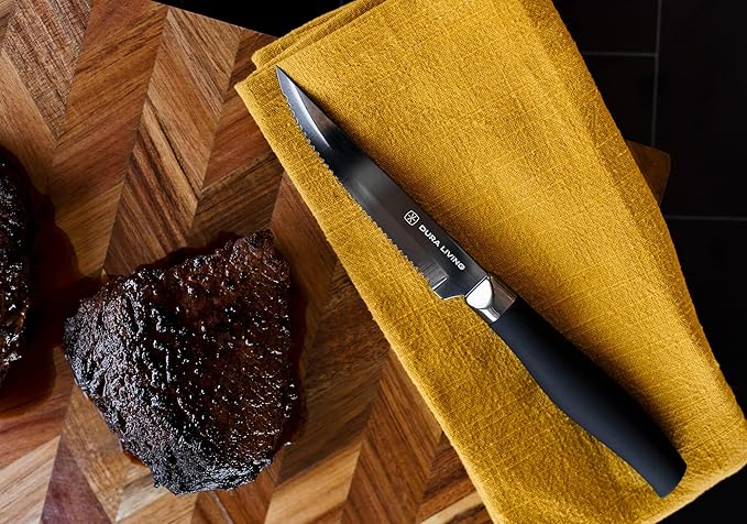 Steak Knives, Steak Knives Set of 4, Nonstick Titanium High Carbon Stainless Steel Serrated Steak Knife, Soft Grip Handle, With Sheaths, Black Knife Set