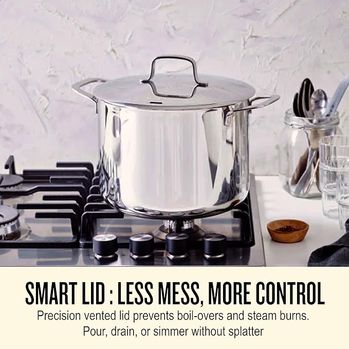 Alva Maestro Stainless Steel Stock Pot 8Qt. - Lasered Engrave Measurement, Oven Safe and Made without PFAS, PFOA & PTFE - Induction and All Stovetop Compatible with Even Heat Distribution