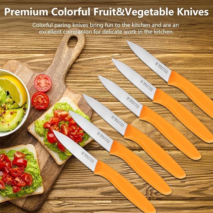 Paring Knives Set,Stainless Steel Paring Knife Set of 6,Sharp Vegetable&Fruit Knifes,Small Knife Set,Ergonomic Handle Paring Knives,Straight Edge Paring Knife Set,Orange Peeling Knife