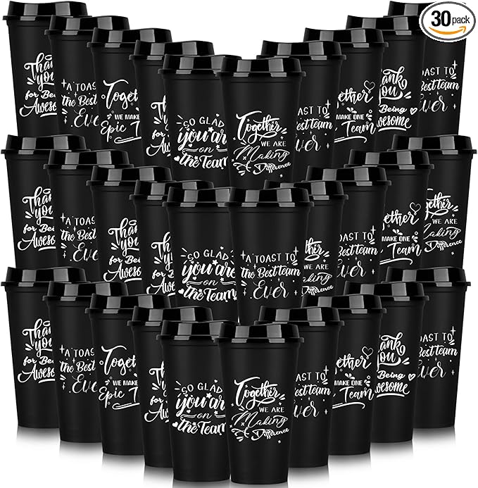 Pickmesh 30 Pcs Employee Appreciation Gifts Christmas Thank You Gift for Team Building 16 oz Teacher Plastic Coffee Cup with Lid Inspirational Travel Tumbler for Coworker Staff Pastor (Black)