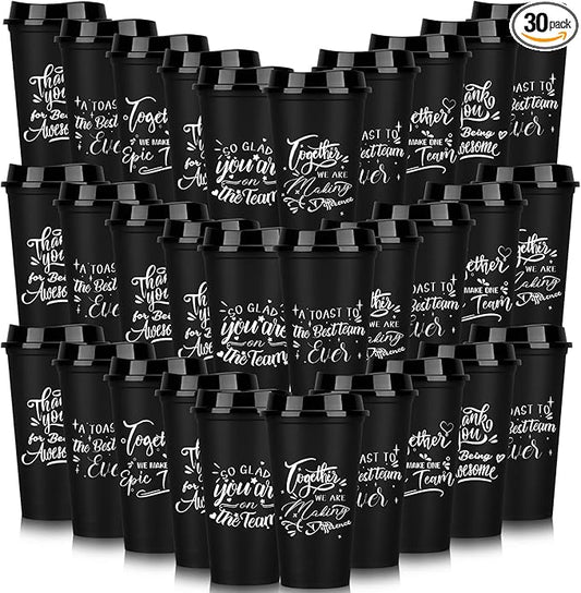 Pickmesh 30 Pcs Employee Appreciation Gifts Christmas Thank You Gift for Team Building 16 oz Teacher Plastic Coffee Cup with Lid Inspirational Travel Tumbler for Coworker Staff Pastor (Black)