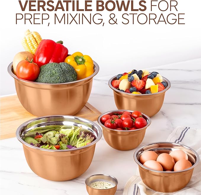 COOK WITH COLOR 18 Piece Mixing Bowls Set with Airtight Lids, Stainless Steel Bowl Organizers, Food Storage Containers, Meal Prep, Nesting Salad Bowls For Cooking, Baking, Kitchen Use, Copper
