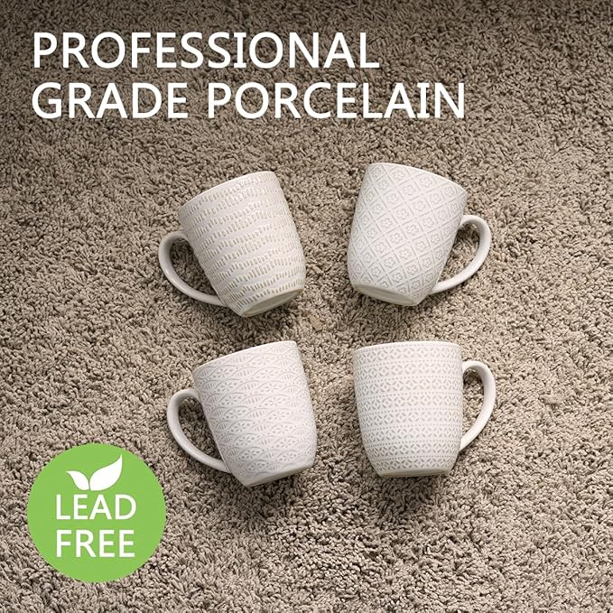 Bosmarlin Ceramic Coffee Mug Set of 4, 12 Oz, Tea Cups, Dishwasher and Microwave Safe (White, 12 oz)